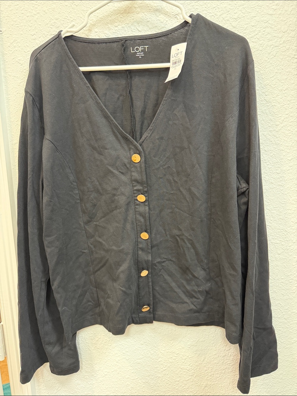 LOFT Charcoal Button-Front V-Neck Long Sleeve Top